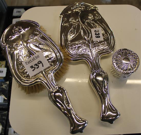 Silver Art Nouveau mirror, brush set & silver pot